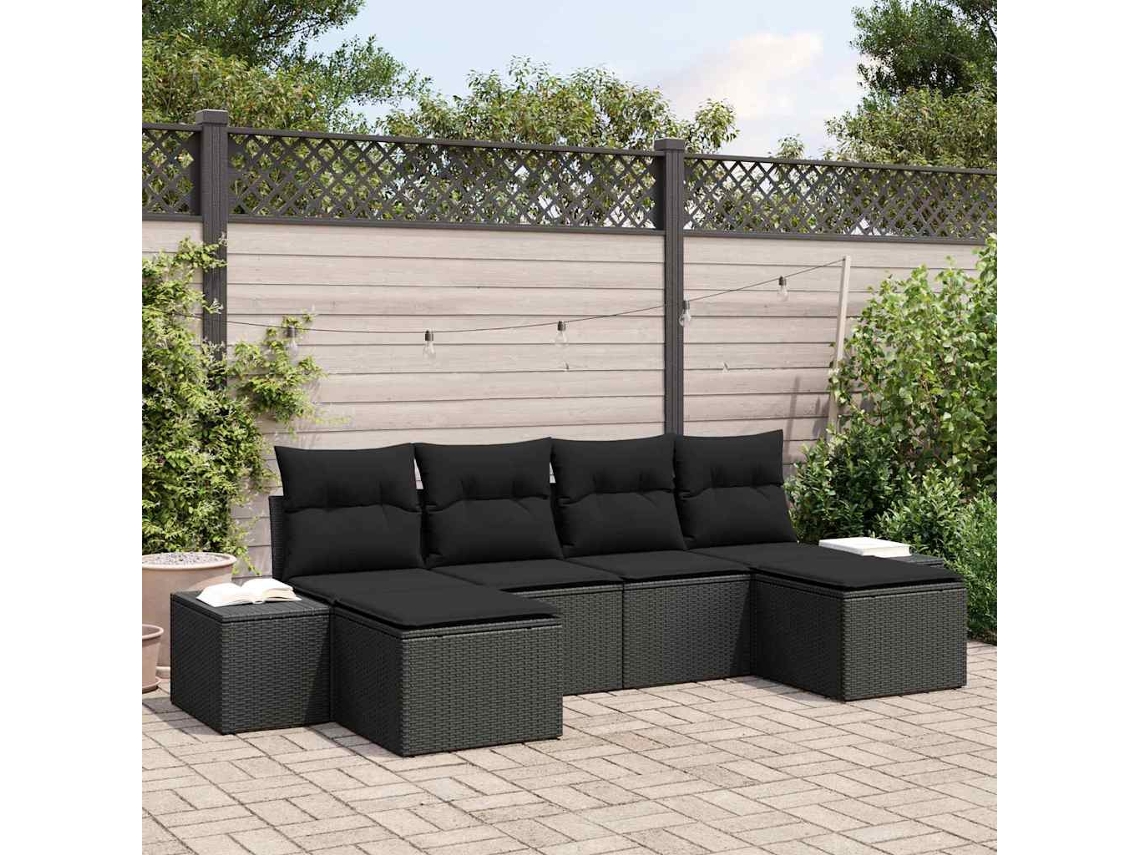 Vidaxl Conjunto De Sofá De Jardim Com Almofada 6 Pcs Preto Vime Pe