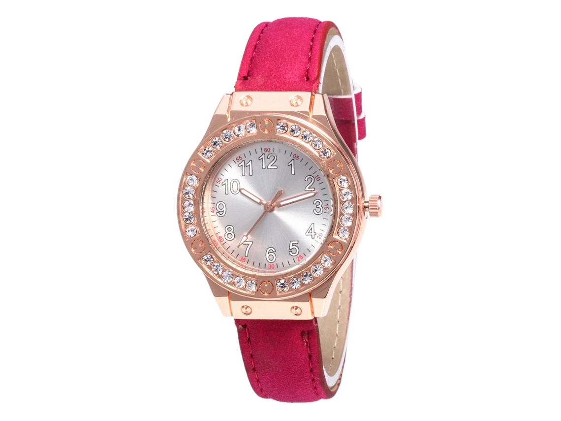 Relógio feminino de quartzo com pulseira de couro PU e mostrador vermelho rosado com diamantes Zhoulianfa