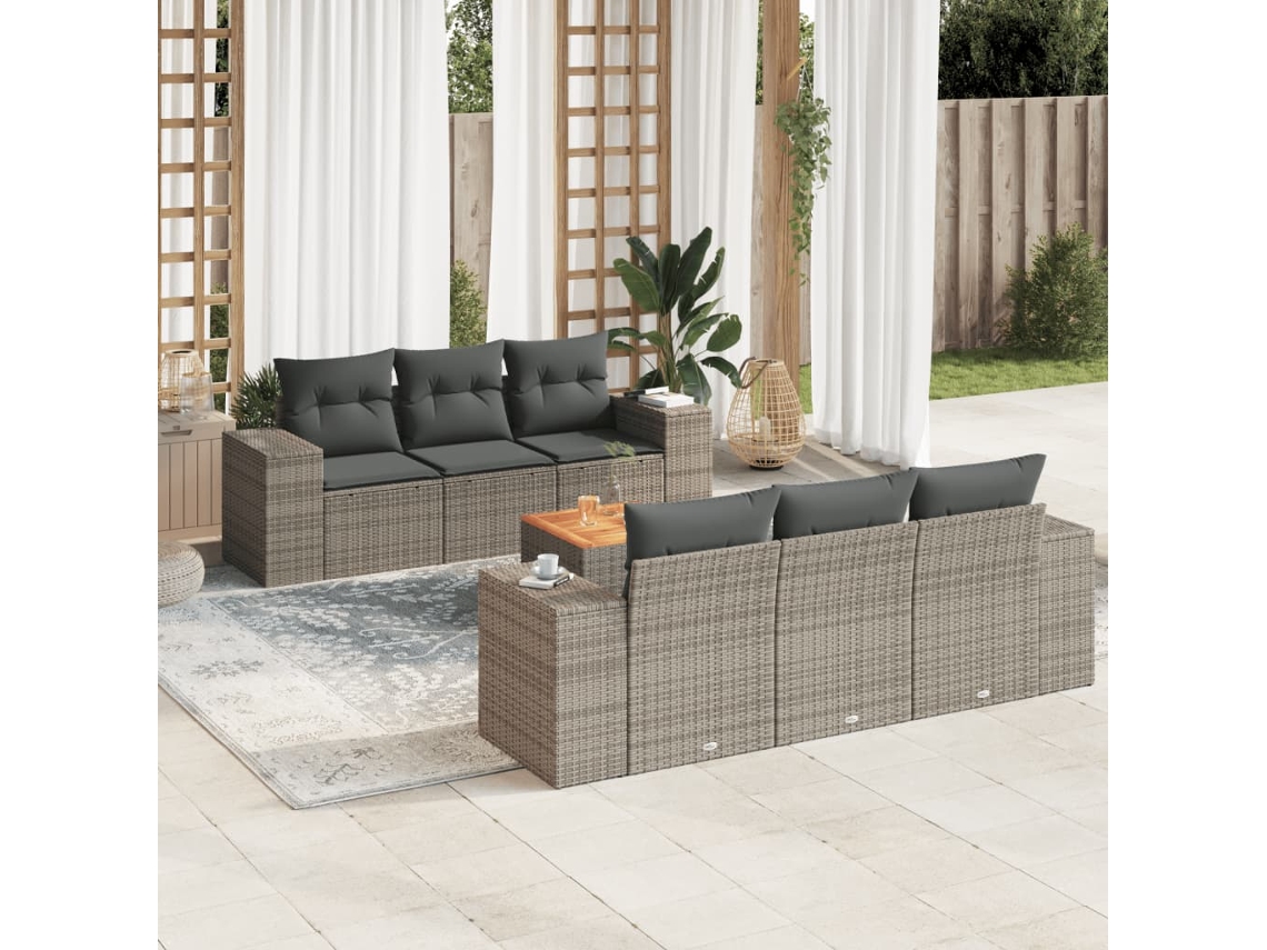 Jogo 7 Peças Sofás P/ Jardim C/ Almofadões Vime Pe Cinza Dkd Home Decor