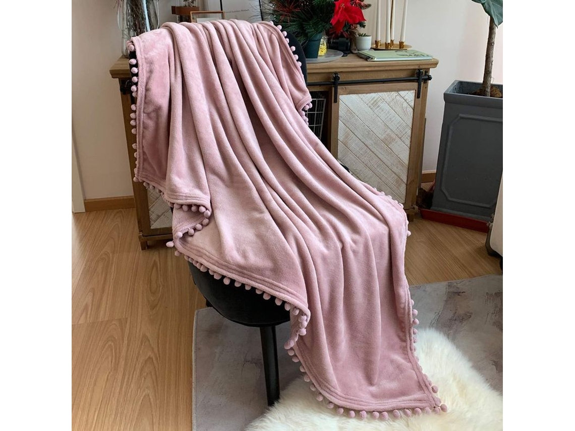 2026 manta Flannel Ligera com Franges de Pompom Suave Abrigo para Sofá Cama Temporada Todas Rosa 51x59 Polegadas