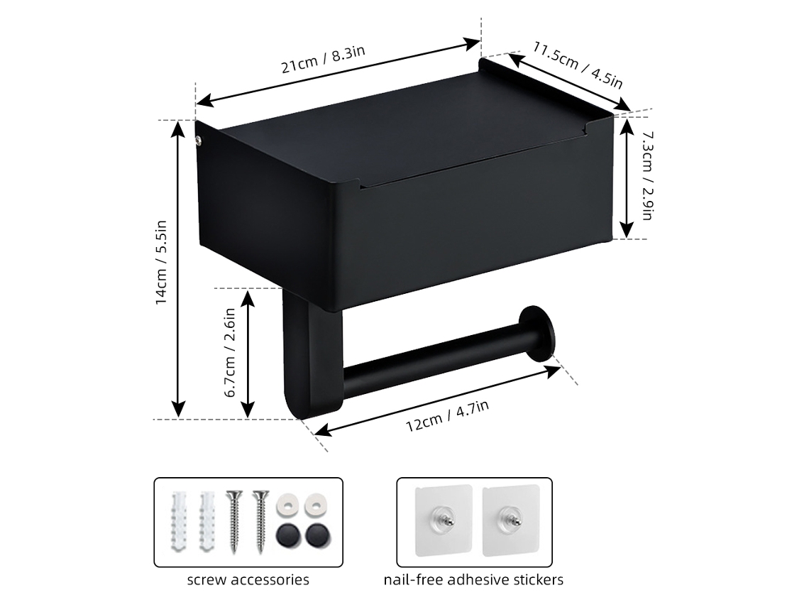 Suporte de Papel Higiênico em Aço Inoxidável Preto com Dispenser de Lenços e Suporte para Celular | S/MARCA