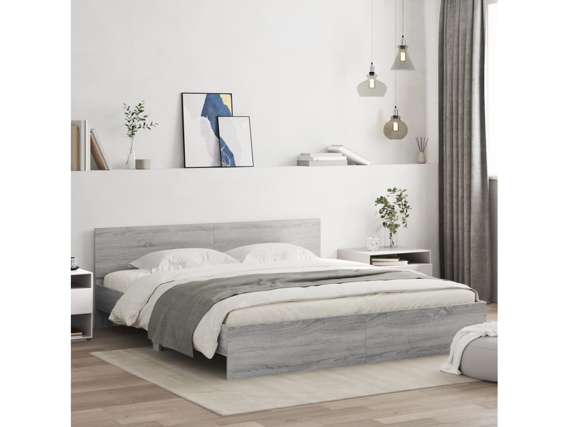 Vidaxl Estrutura Cama C/ Cabeceira/luzes Led 200x200cm Cinzento Sonoma