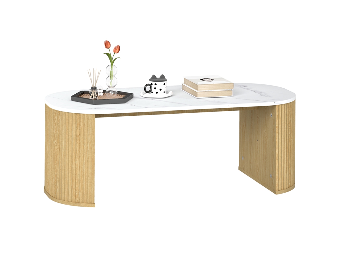 Mesa Centro Oval, Efeito Mármore, Cantos Arredondados, Pés Grossos, 110x50x40 Cm, Branca