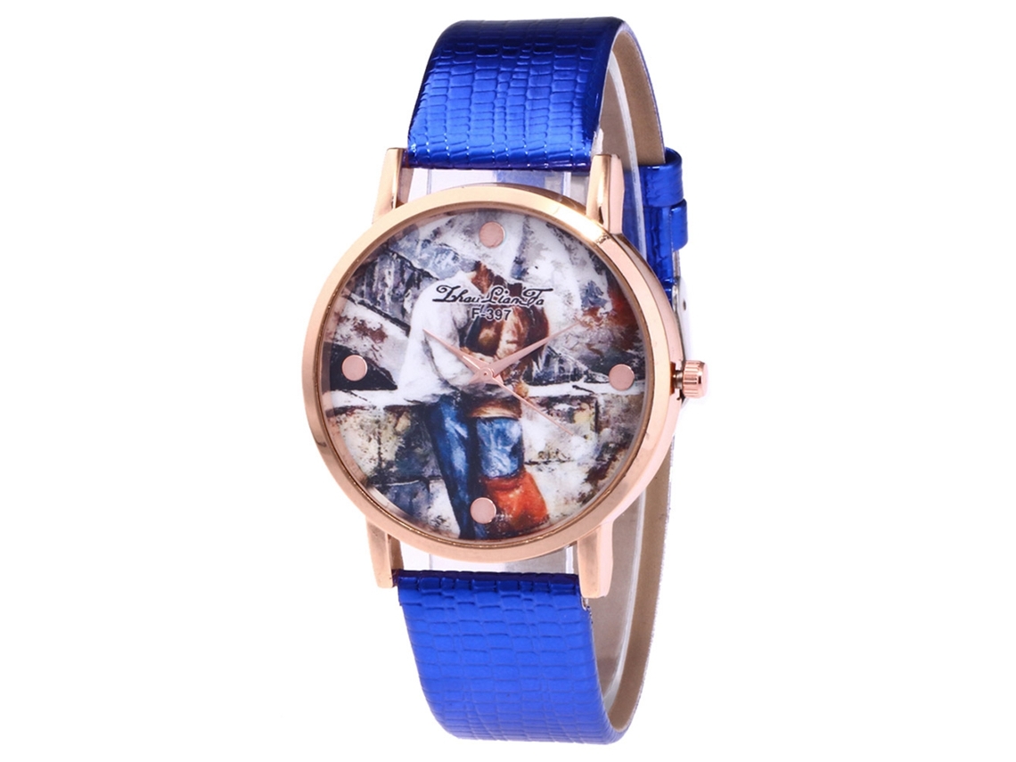 Relógio de Pulso Analógico de Quartzo com Pulseira Pu Estilo Moderno Azul
