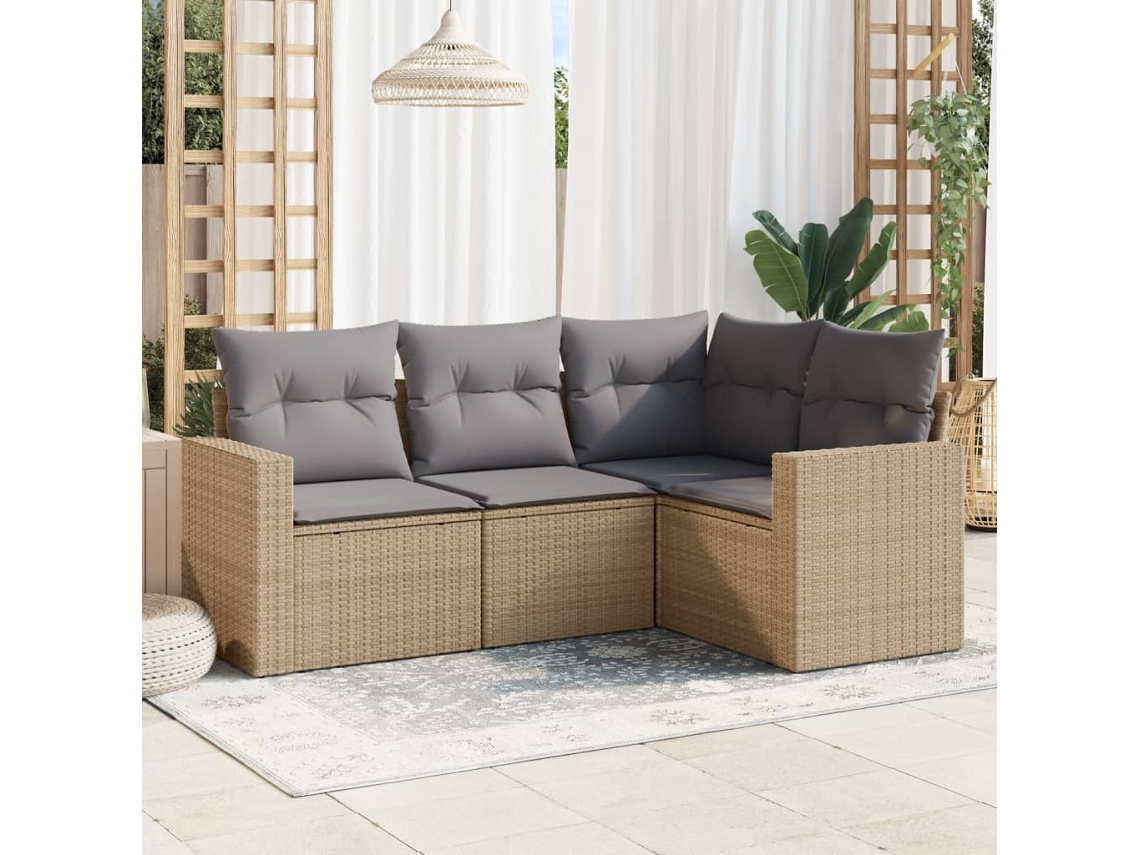 Vidaxl 4 Pcs Conjunto De Sofás Para Jardim C/ Almofadões Vime Pe Bege