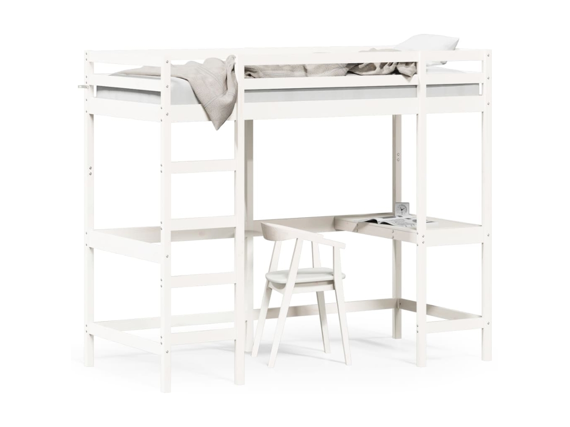 Cama Alta com Secretária em Pinho Maciço Branco MAISON EXCLUSIVE (90x200 cm)