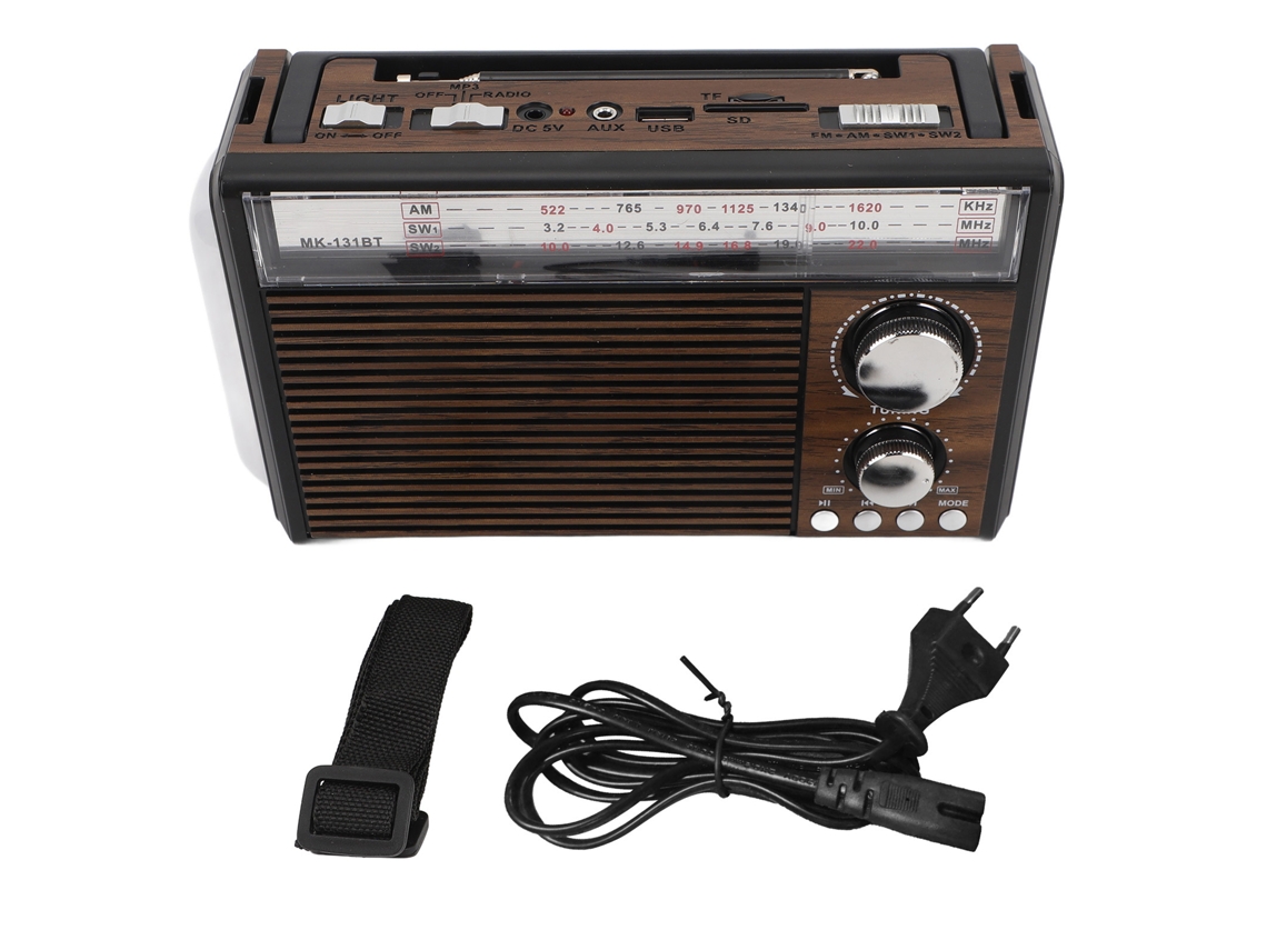 Rádio Mali Vintage com Antena Telescópica, FM, AM, SW, MP3, Bluetooth, Lanterna, Plug EU 220V