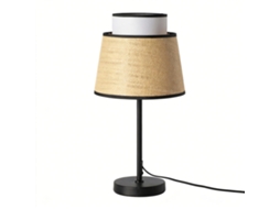 Candeeiro De Mesa Com Dupla Cúpula Em Vime Natural E Tecido Branco, Base Metálica Preta, Design Moderno Boémio, Casquilho E27.