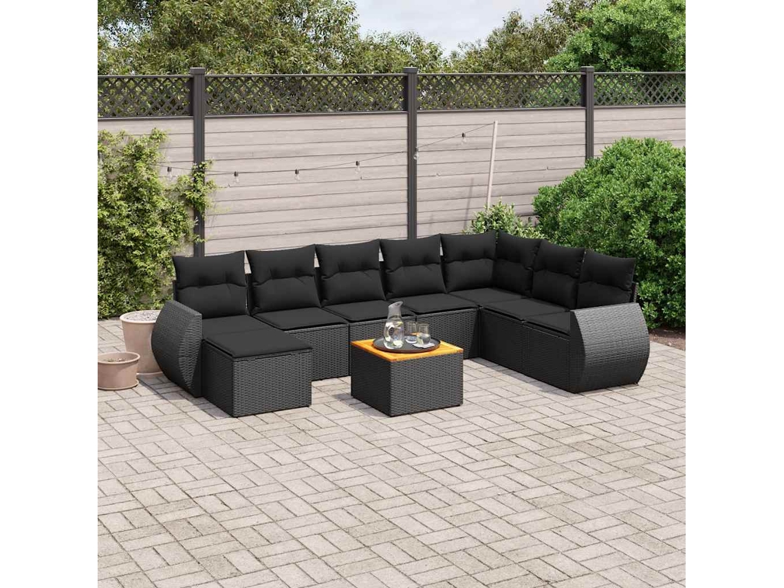 Vidaxl 9 Pcs Conjunto De Sofás P/ Jardim C/ Almofadões Vime Pe Preto