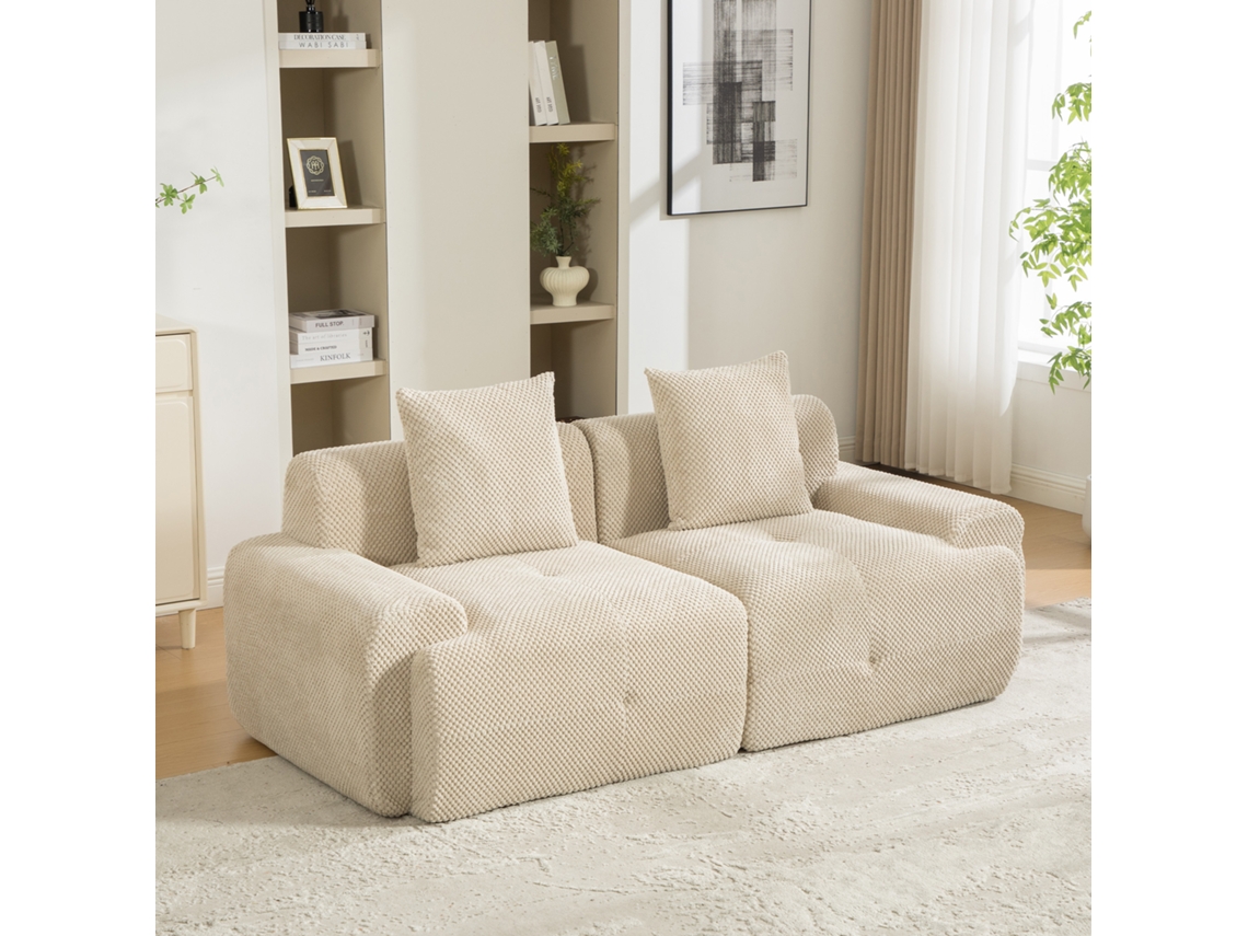 Sofá modular de 2 lugares em chenille e espuma 30D com base antiderrapante, cor cáqui claro.