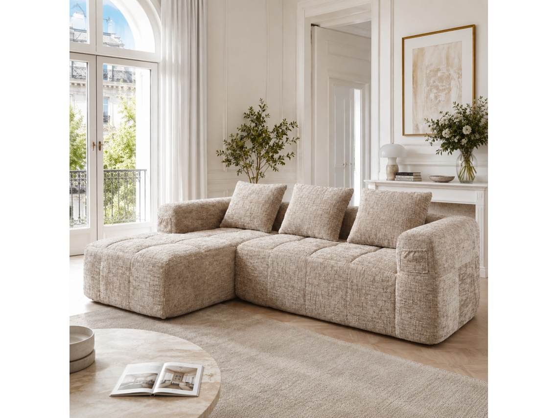 Sofá Seccional Moderno, L-shaped, 3 Lugares, Chenille Com Chaise Longue E Braços, 3 Almofadas, Bolso Lateral, Cáqui