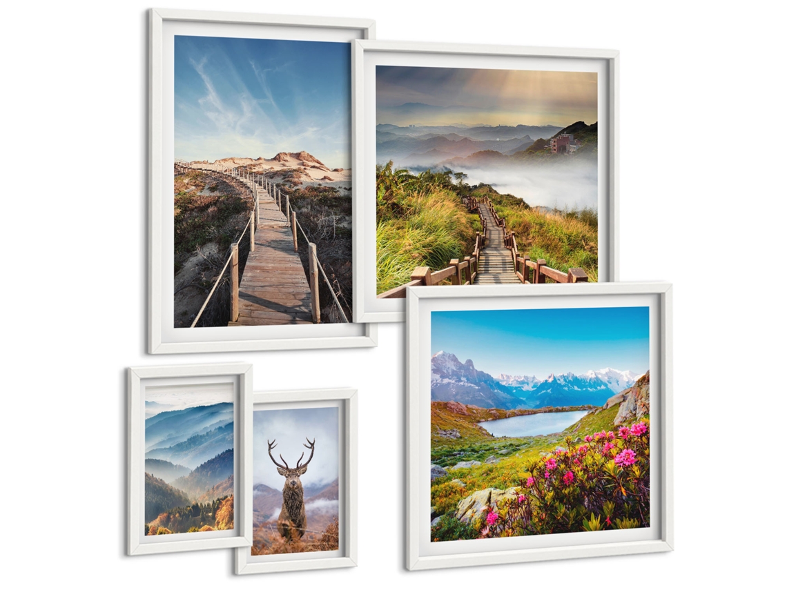 Composição De Quadros Montanha, Lago, Veado, Natureza Moldura Branca Quadros Para A Sala De Estar Espelharte (conjunto De 5 Imagens)