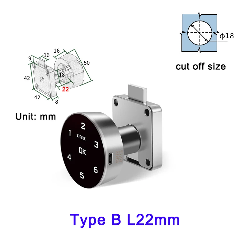 Fechadura Digital De Combinação Sem Chave Com Teclado Sensível Ao Toque (l22mm) E Bateria De Lítio Integrada.