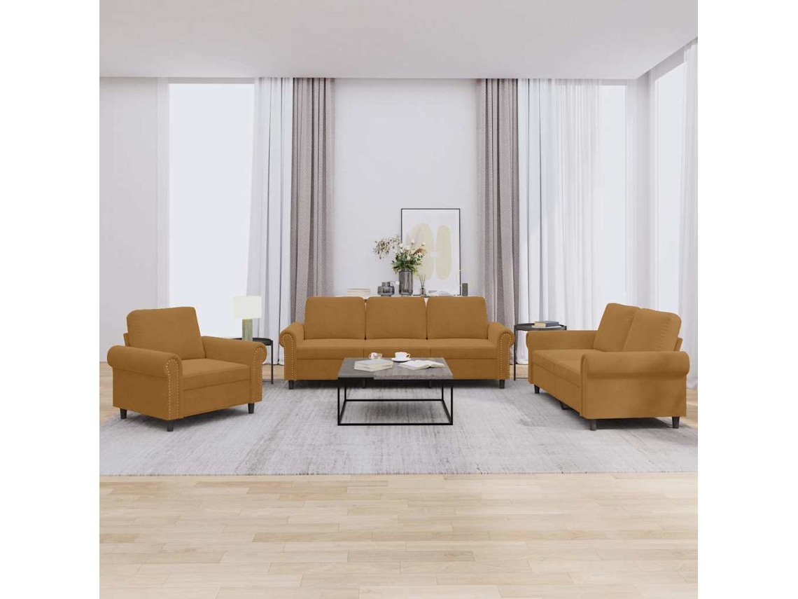 Vidaxl 3 Pcs Conjunto De Sofás Com Almofadões Veludo Castanho
