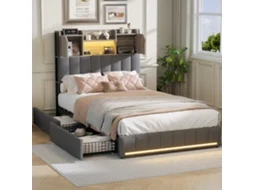 Cama Estofada 90x200 Cm, Cama De Solteiro, Usb Tipo C, 2 Gavetas, App Control Led, Cabeceira Com Espaço De Arrumação, Tecido De Linho Cinzento