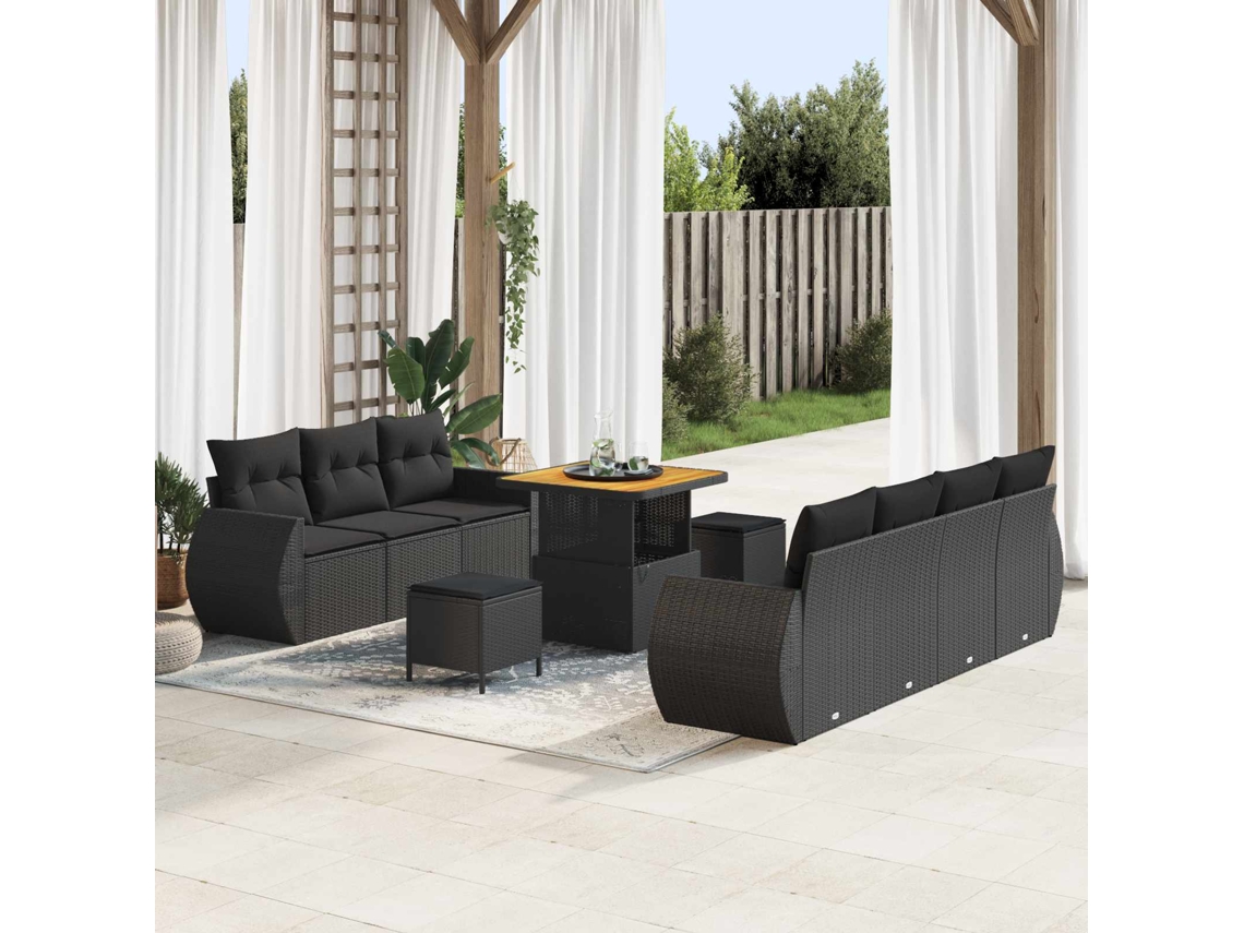 Vidaxl Conjunto De Sofá De Jardim Com Almofada 10 Pcs Preto Vime Pe