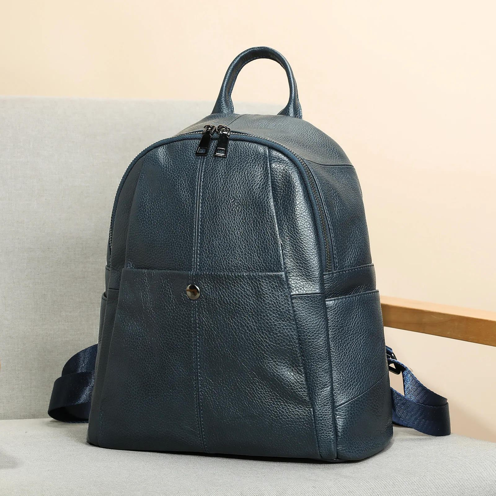 (2368-azul) Mochila Feminina De Couro Genuíno, Modelo 2026, Elegante E Luxuosa Para Viagens.