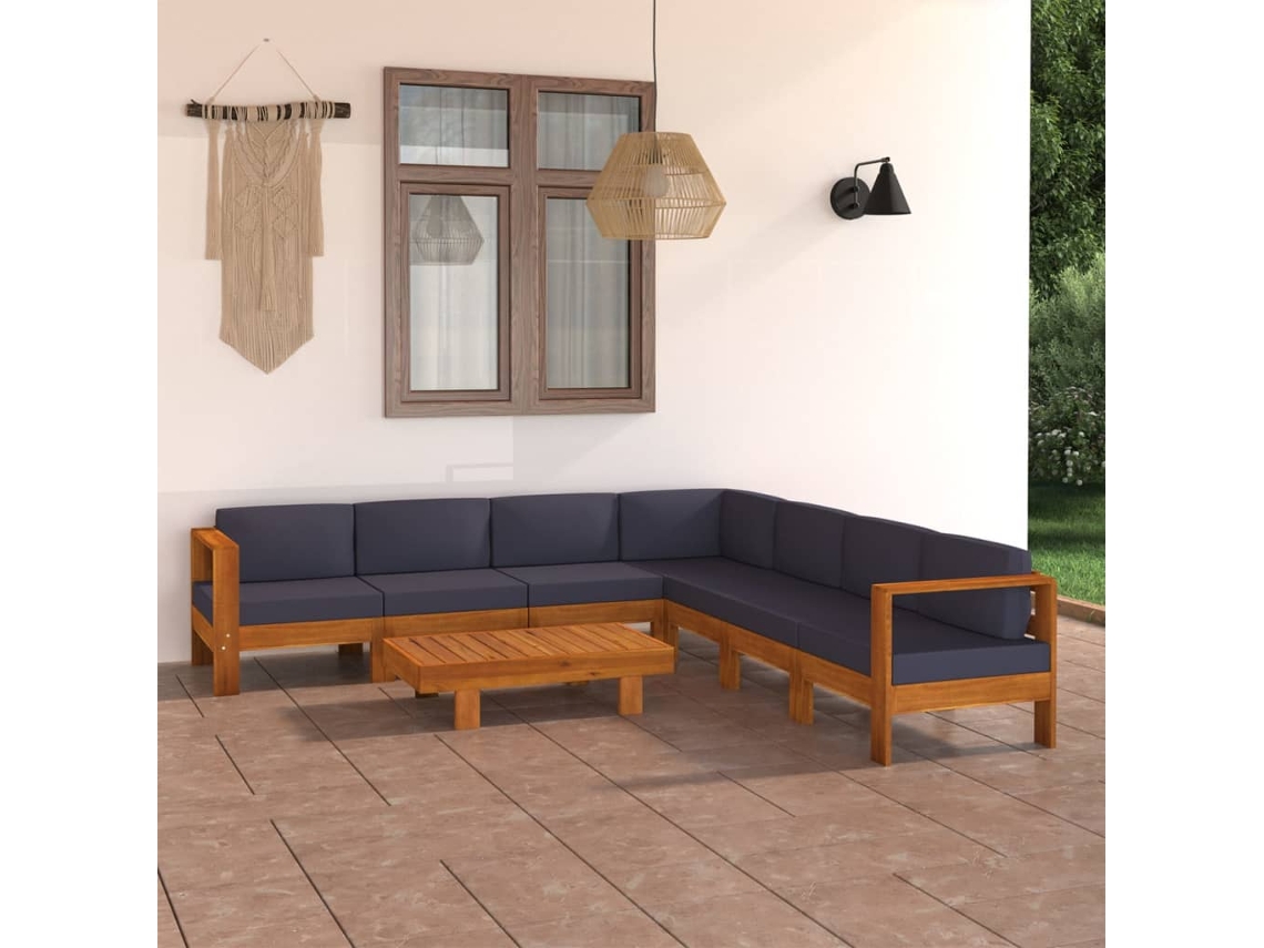 Vidaxl 8 Pcs Conj. Lounge De Jardim C/ Almofadões Cinza-escuro Acácia
