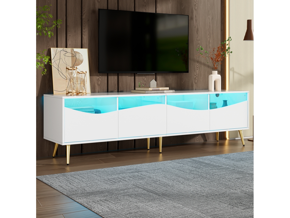 Móvel Para Tv Em Nogueira, 180x40x50 Cm, Led Integrada Bluetooth, Vidro Temperado, Pés Dourados, Com Armazenamento, Para Tv 65-85 Polegadas, Branco