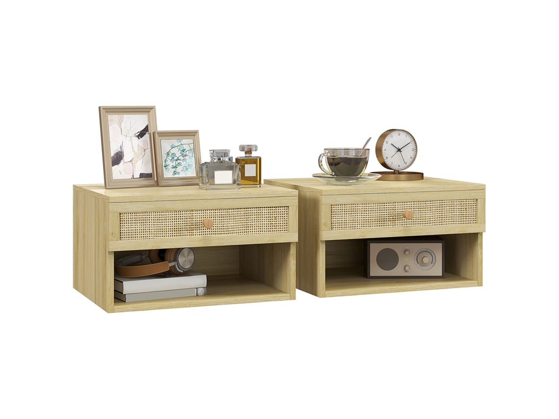 2 Comodini boho com gaveta e prateleiras abertas em aglomerado e rattan 40x34x23cm BTFORUS