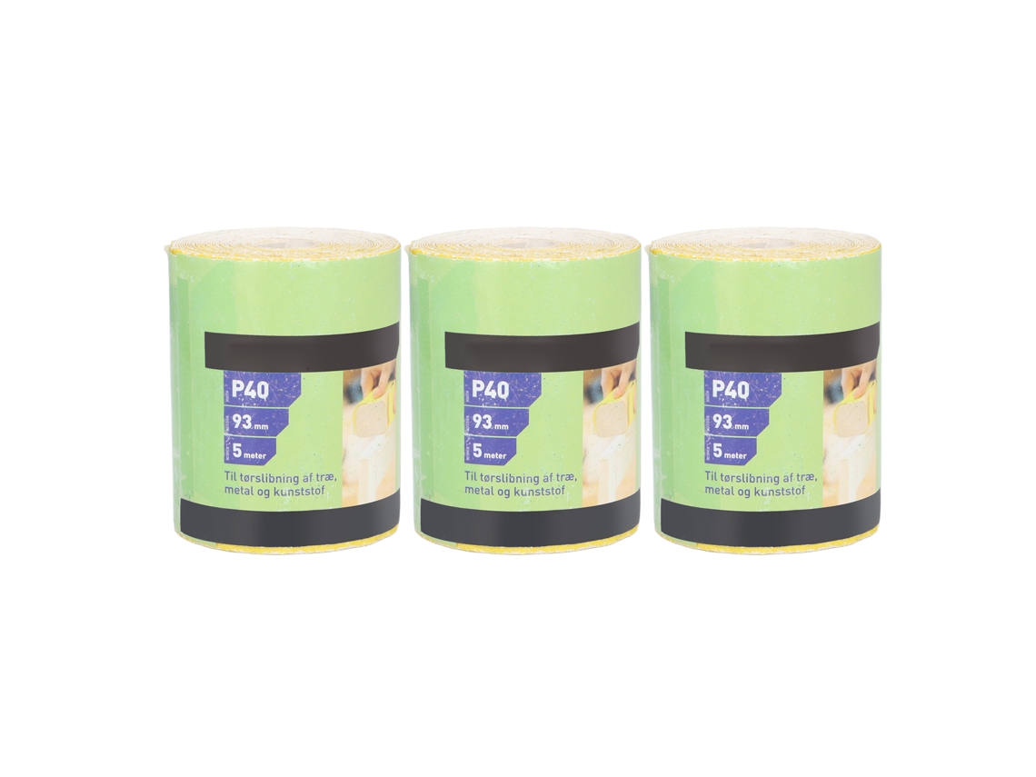 3 rolos de lixa abrasiva de grão 40 para polimento e desbaste de móveis, cor amarela.