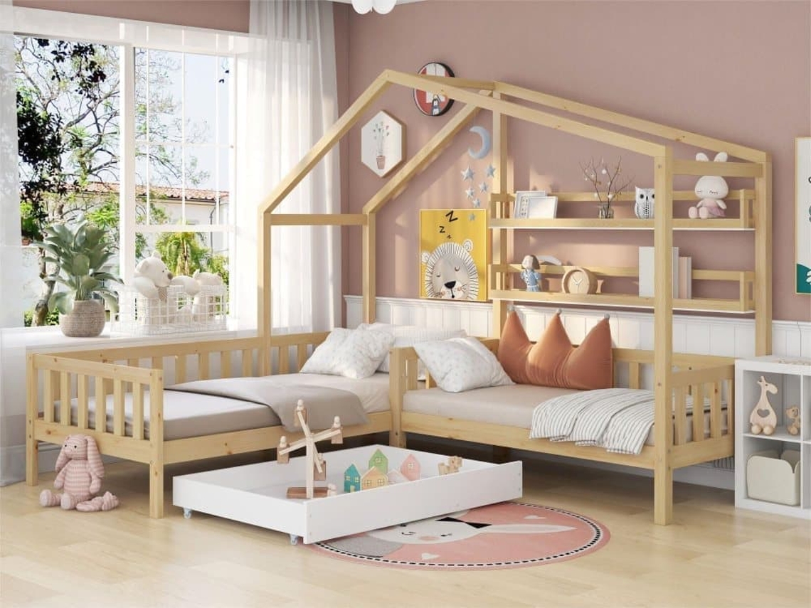 Cama De Cabina 90x200cm + 140x70cm Em Madeira Maciça - Com Gavetas E Prateleiras + Estrado - Natural