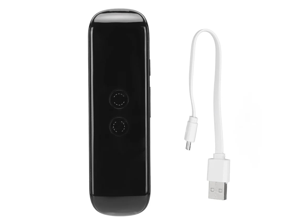 Tradutor de idiomas com suporte para 127 idiomas, Bluetooth, preto, ideal para viagens e trabalho, com luz dourada.