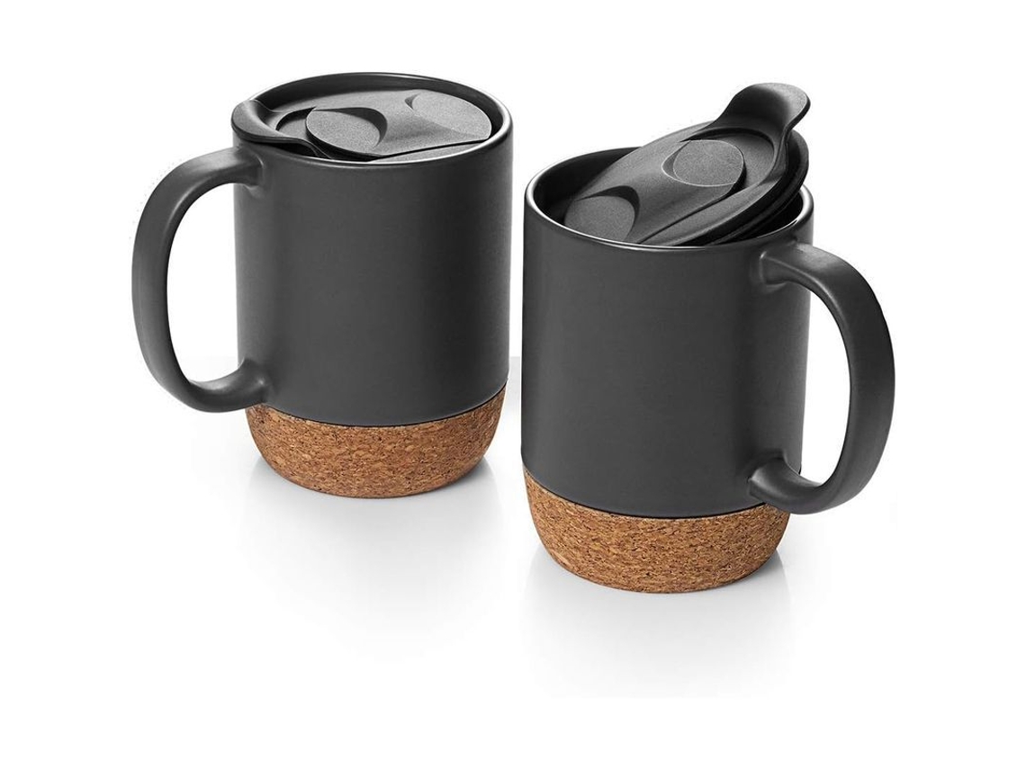 Rebe - Conjunto de 2 canecas de cerâmica de 444 ml com tampa anti-respingos e base isolante de cortiça para café e chá, cinza fosco