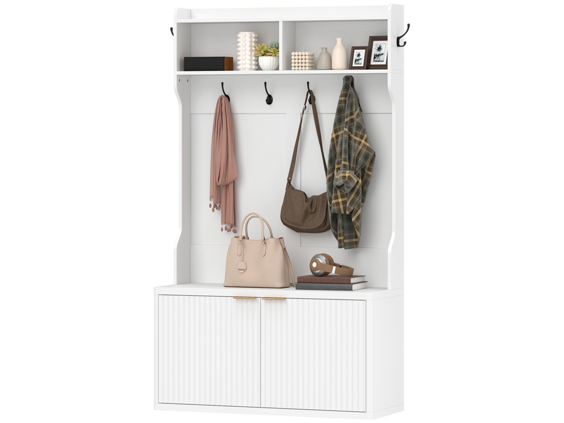Móvel Cabide De Entrada Com Sapateira E 6 Ganchos, 100x38x172 Cm, Estilo Moderno, Branco