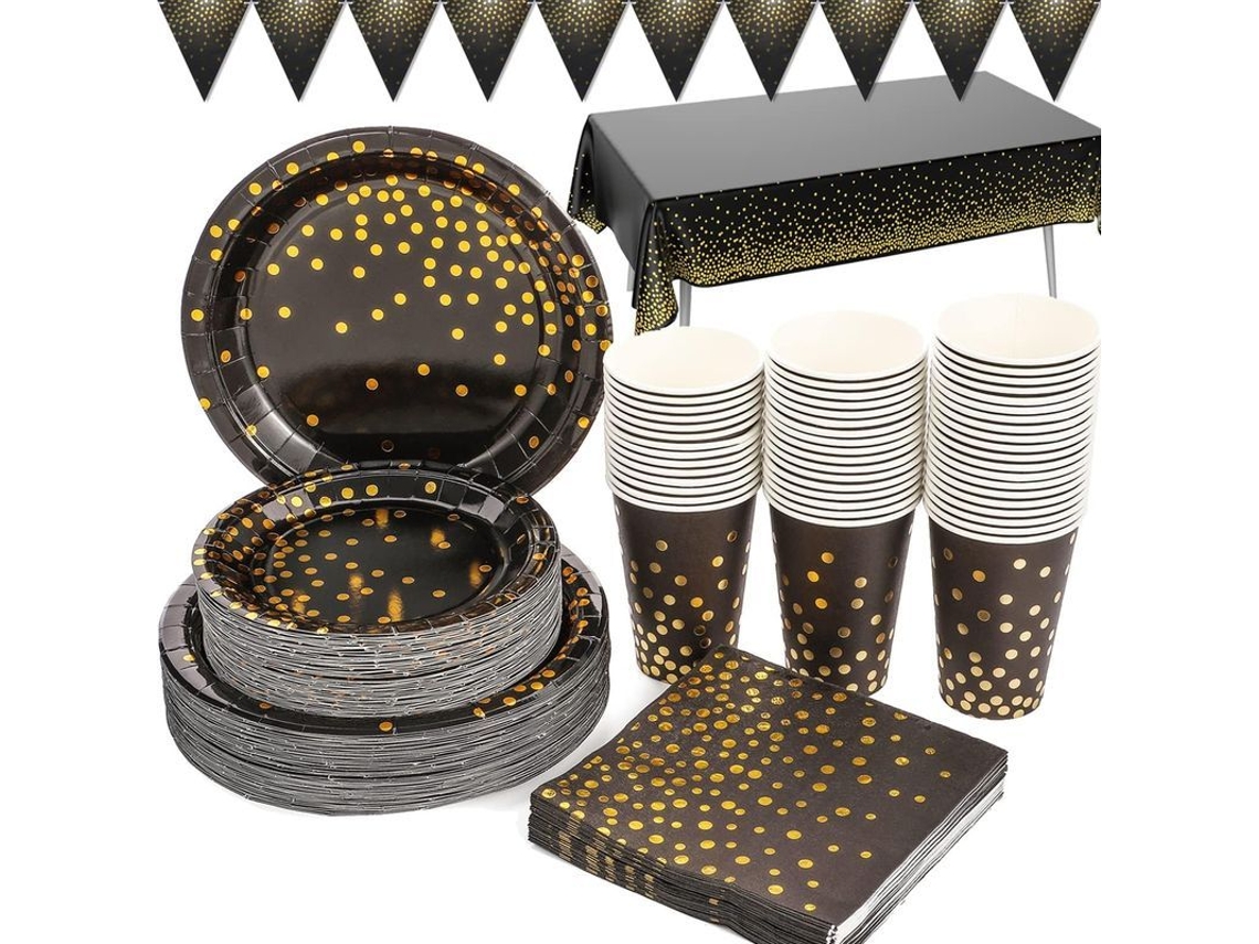Nova Line materiais de Festa Preto e Dourado 66 Peças Includes Pratos, Guardanapos, Copos, Toalha de Mesa, Bandeira para Aniversário, Festa