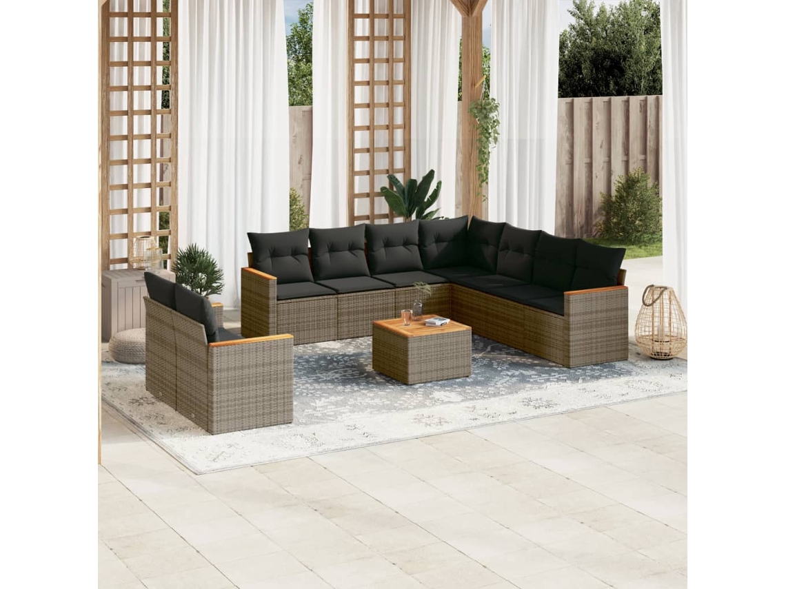Vidaxl 10 Pcs Conjunto Sofás De Jardim C/ Almofadões Vime Pe Cinzento