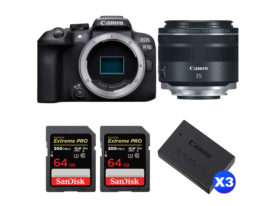 Eos R10 + Rf 35mm F1.8 Is Macro Stm + 2 Sandisk 64gb Uhs ii 300mb/s + 3 Canon Lp e17 + Ebook “20 Dicas para Fotos Que Impressionam” CANON