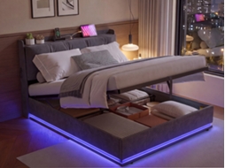 Cama Estofada 160x200 Cm Cama De Casal Com Baú Hidráulico Cabeceira Led Usb Arrumação Interior E Revestimento Em Veludo Para Quarto Cinza