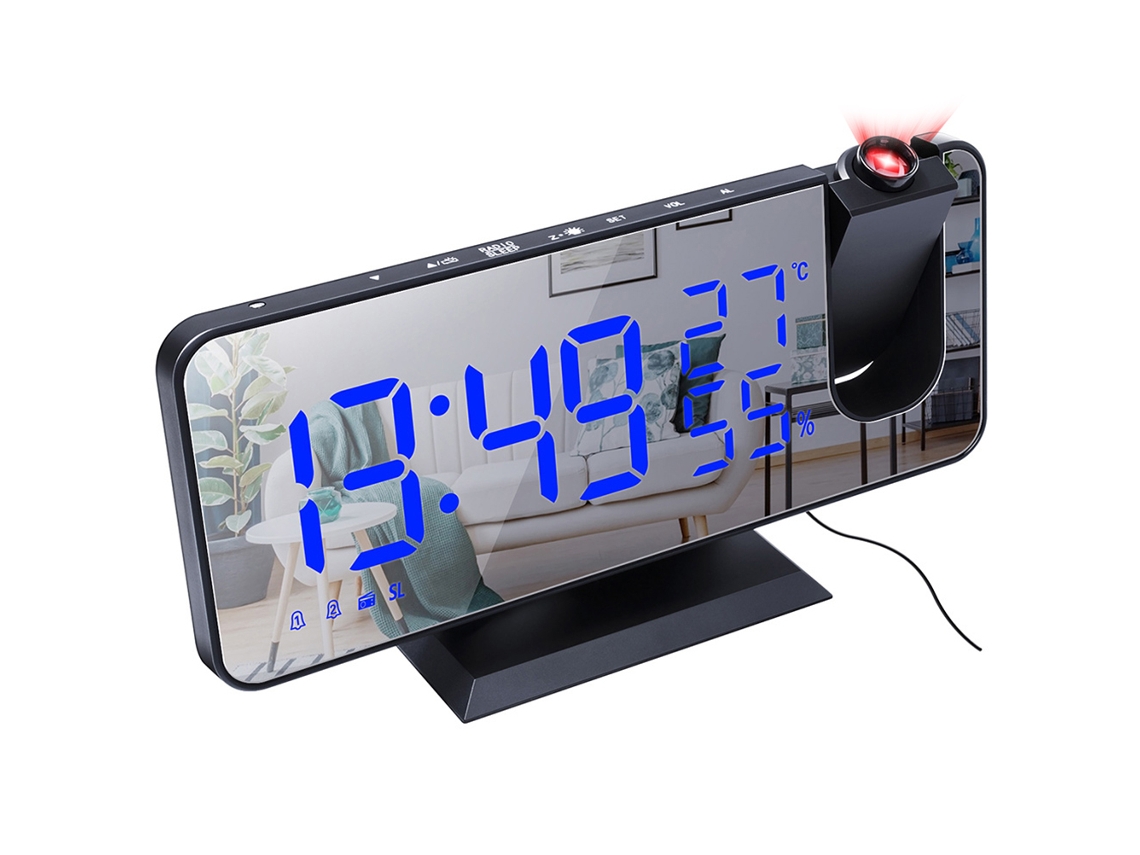 Relógio Digital Multifuncional com Rádio Espelho Projeção e Tela de Temperatura e Humidade LAXISCREED