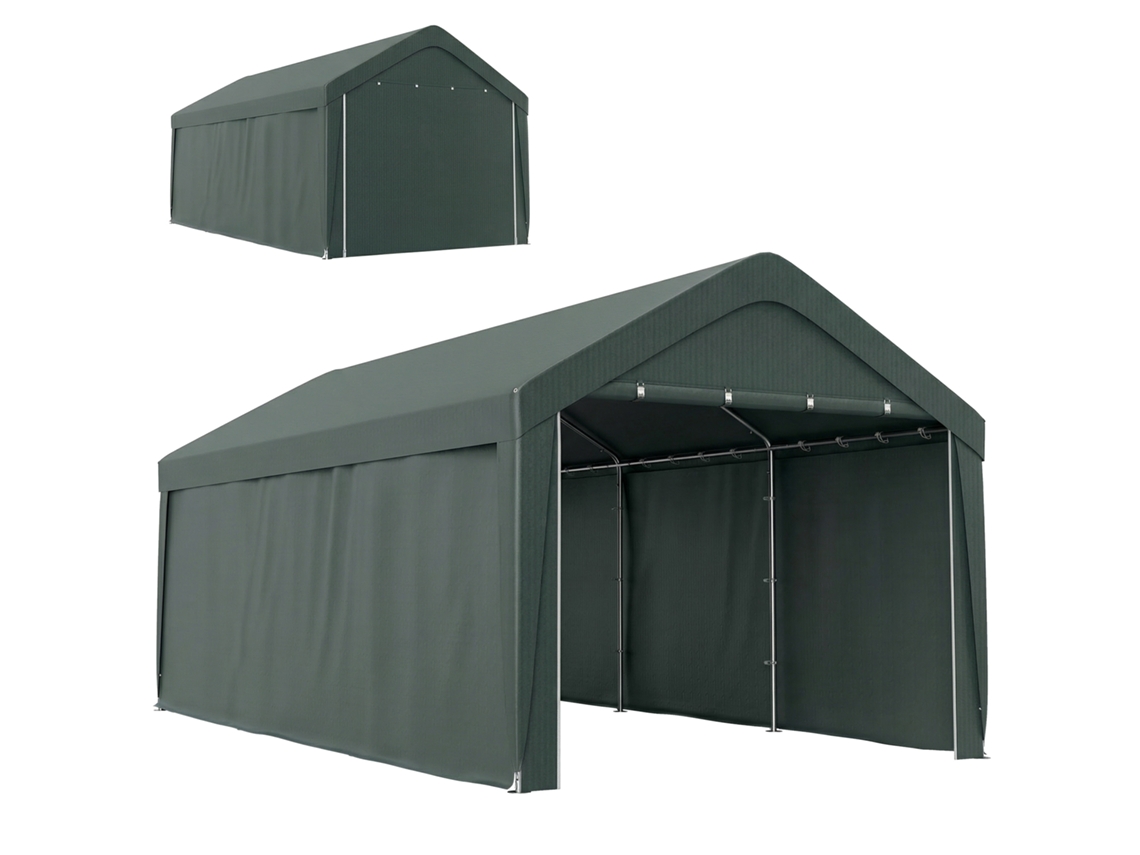 Abrigo De Exterior 590x300x280 Cm Garagem De Exterior Para Carros Anti Uv Com Paredes Laterais Desmontáveis E 2 Portas Cinza Escuro