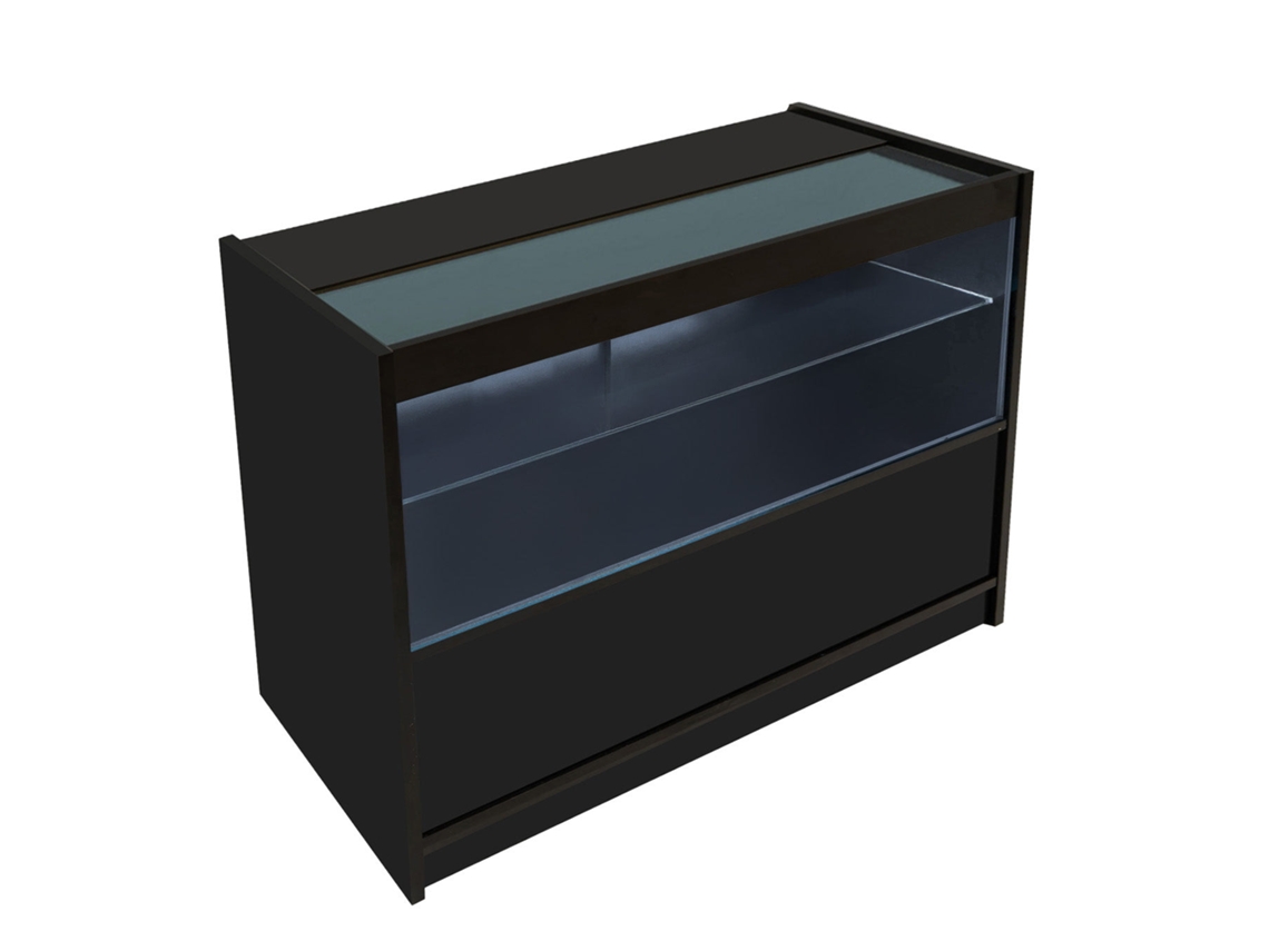 Balcão Comercial LED C1200 MonsterShop MDF Preto, Vidro Temperado, 120x60x90 cm, 3 Prateleiras