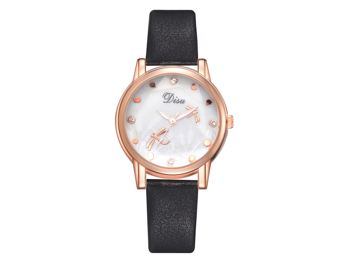 Relógio de Pulso Feminino Casual com Strass Libélula Pulseira de Couro Pu Quartzo Preto