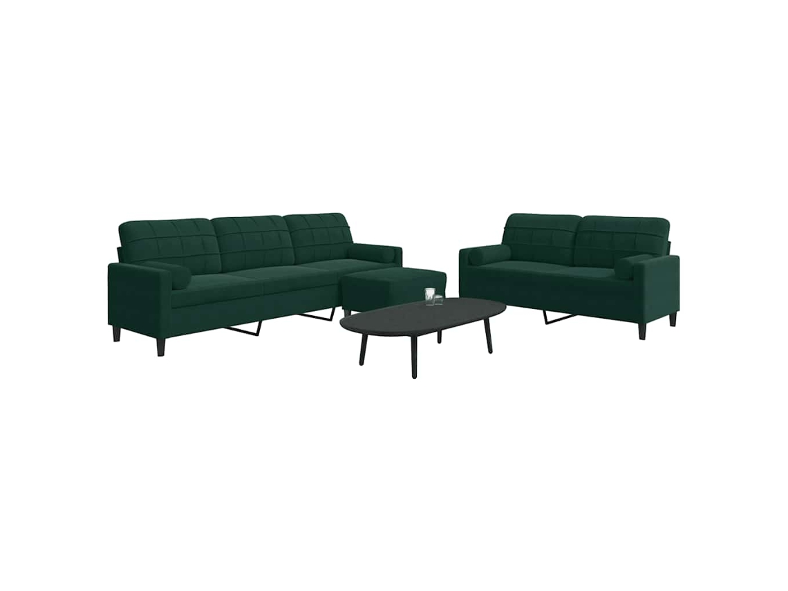 Vidaxl 3 Pcs Conjunto Sofás Com Almofadões E Rolos Veludo Verde-escuro