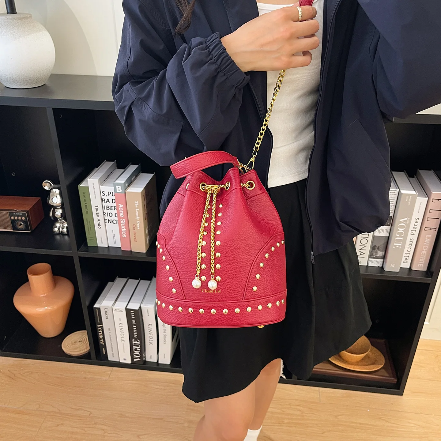 (vermelha) Bolsa De Ombro Estilo Saco Com Tachas, Bolsa Transversal Feminina, Bolsa De Mão Com Design Simples