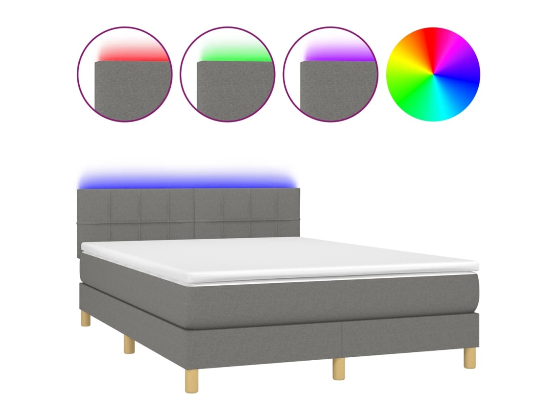 Cama Box Spring com Colchão e Led Tecido Cinza Escuro MAISON EXCLUSIVE (140x190 cm)