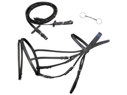 Cabeçada De Couro Com Rédeas E Brida, Preto, Full