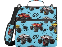Macarrão infantil Monster Truck com 3 anéis, Alça, Bolsa com zíper e organizador de arquivos para carteira escolar