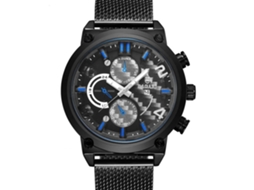 Relógio esportivo masculino Bagari com pulseira de malha, mostrador redondo e movimento de quartzo, nas cores preto e azul.