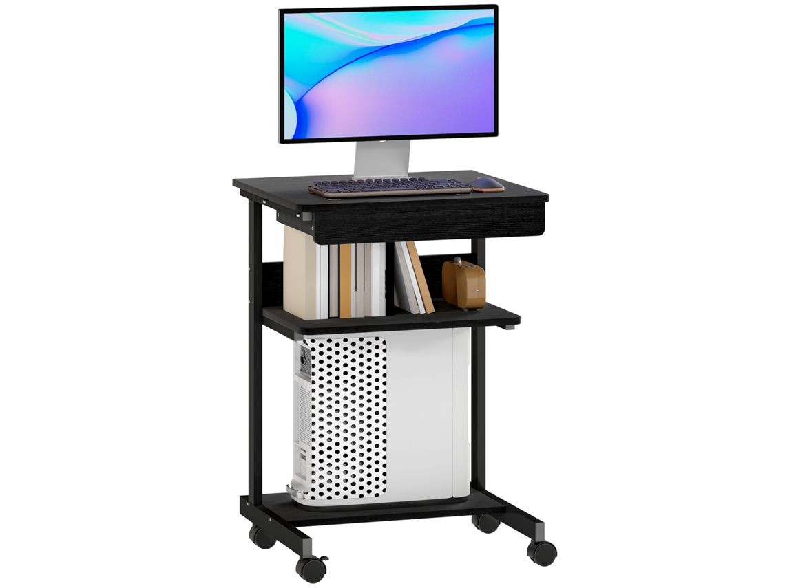 Mesa de PC com gaveta deslizante, 2 prateleiras e 4 rodízios em madeira e metal (56x51x79 cm) Preto | S/MARCA