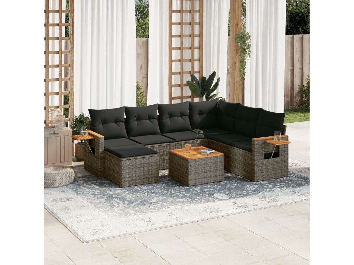 8 Pcs Conjunto Sofás De Jardim C/ Almofadões Vime Pe Cinza Dkd Home Decor