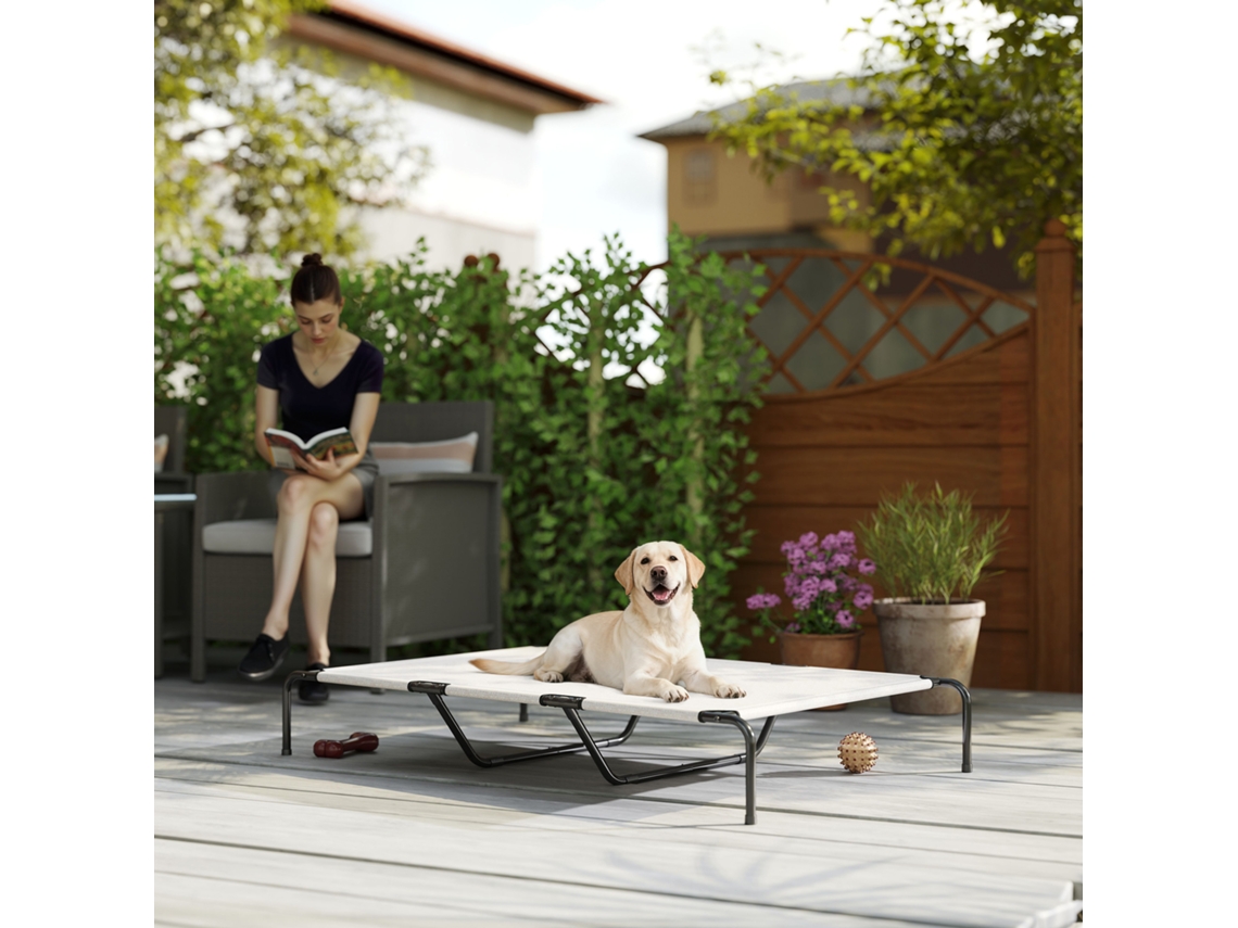 Cama Externa Elevada Para Pets, Estrutura De Aço Com Malha Respirável, Tamanho 152x94x23 Cm, Na Cor Bege