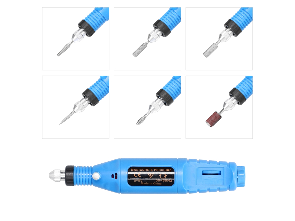 Mini Furadeira Elétrica Usb com 6 Cabeças de Lixamento Máquina de Manicure Velocidade Ajustável 3000-20000 Rpm YURU