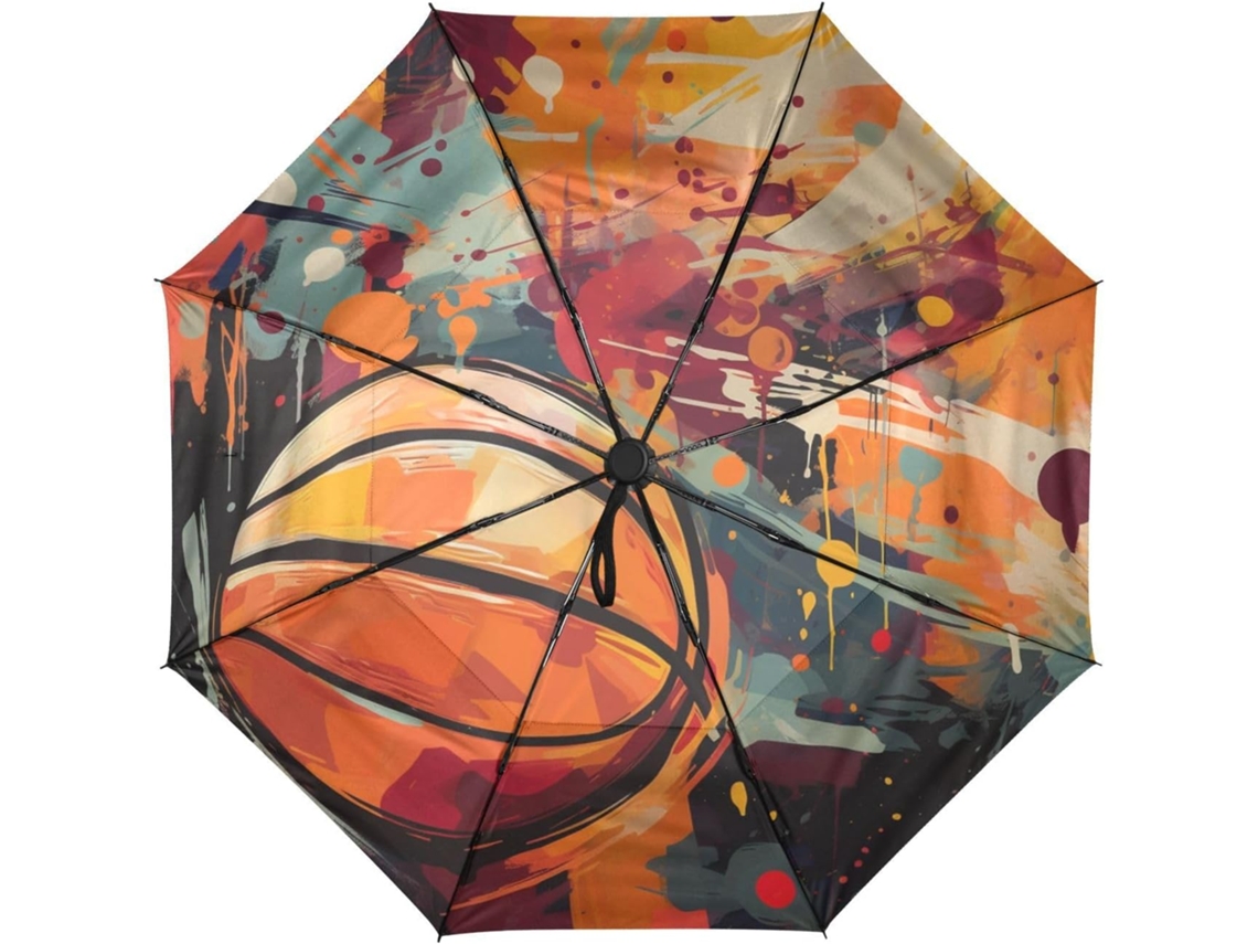 Guarda Chuva de Viagem Automático Orange Artwork com Estampa Basquete Resistente Tecido Férias | S/MARCA