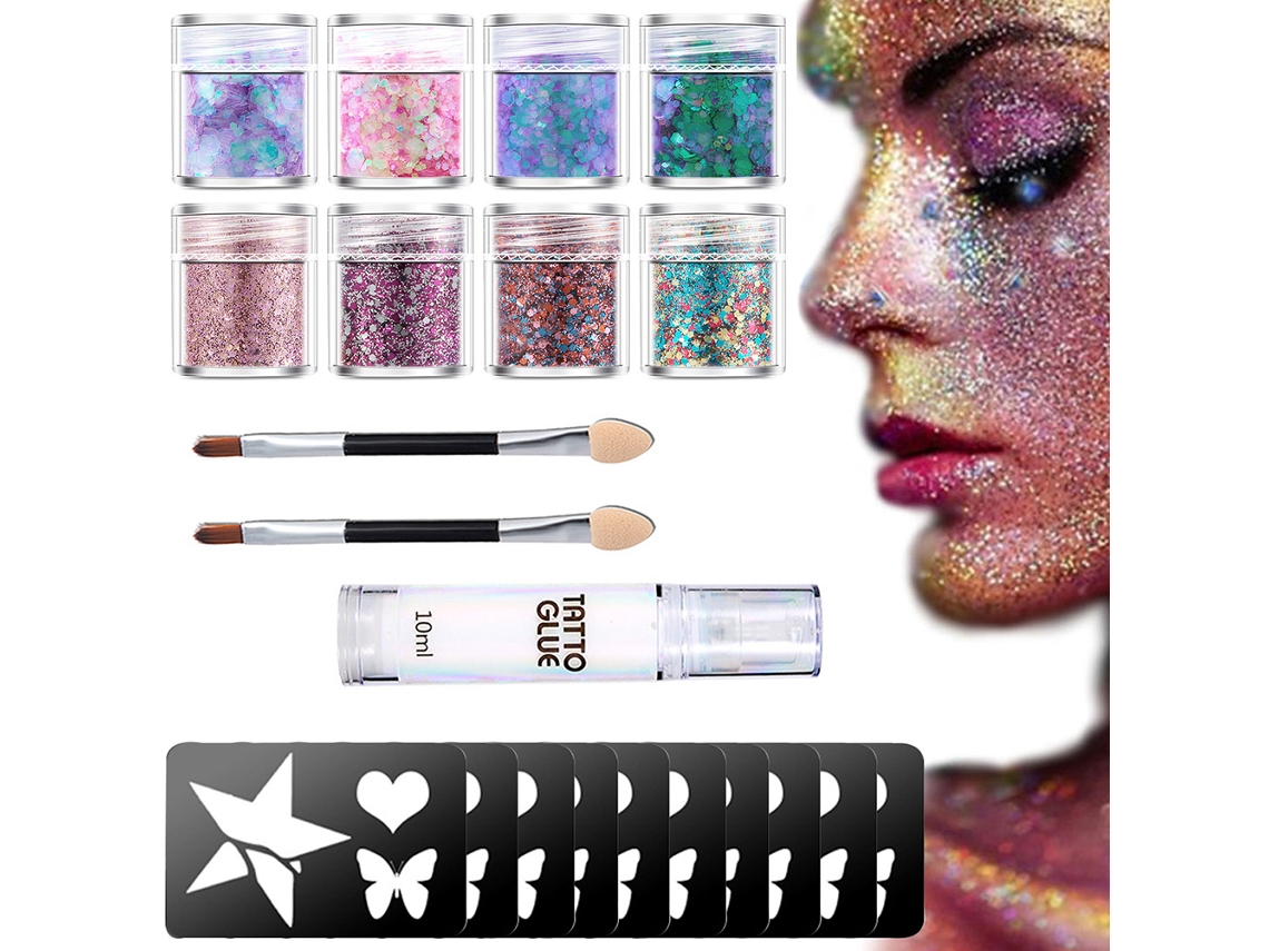 Kit de tatuagens holográficas com glitter para maquiagem facial, corporal e capilar. Inclui estênceis, cola e pincéis.