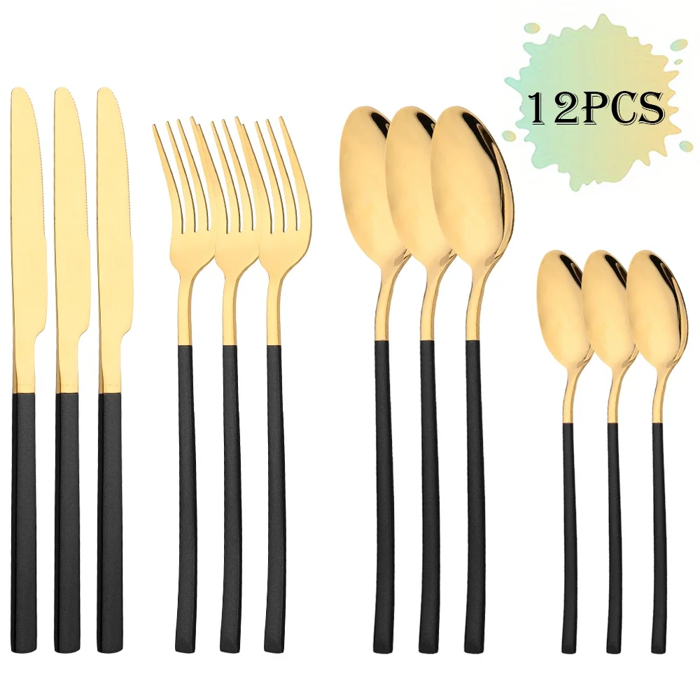 MDUG (conjunto de Talheres de Aço Inoxidável Preto e Dourado, com 12 Peças, Incluindo Faca, Garfo e Colher de Café)